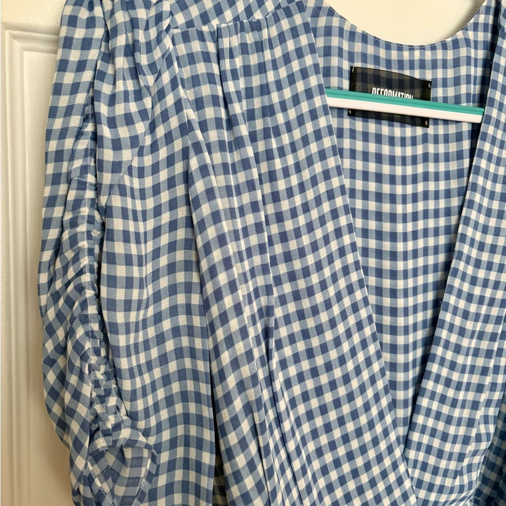 REFORMATION Hot Girl Summer Blue & White Gingham Wrap Mini Dress Size L